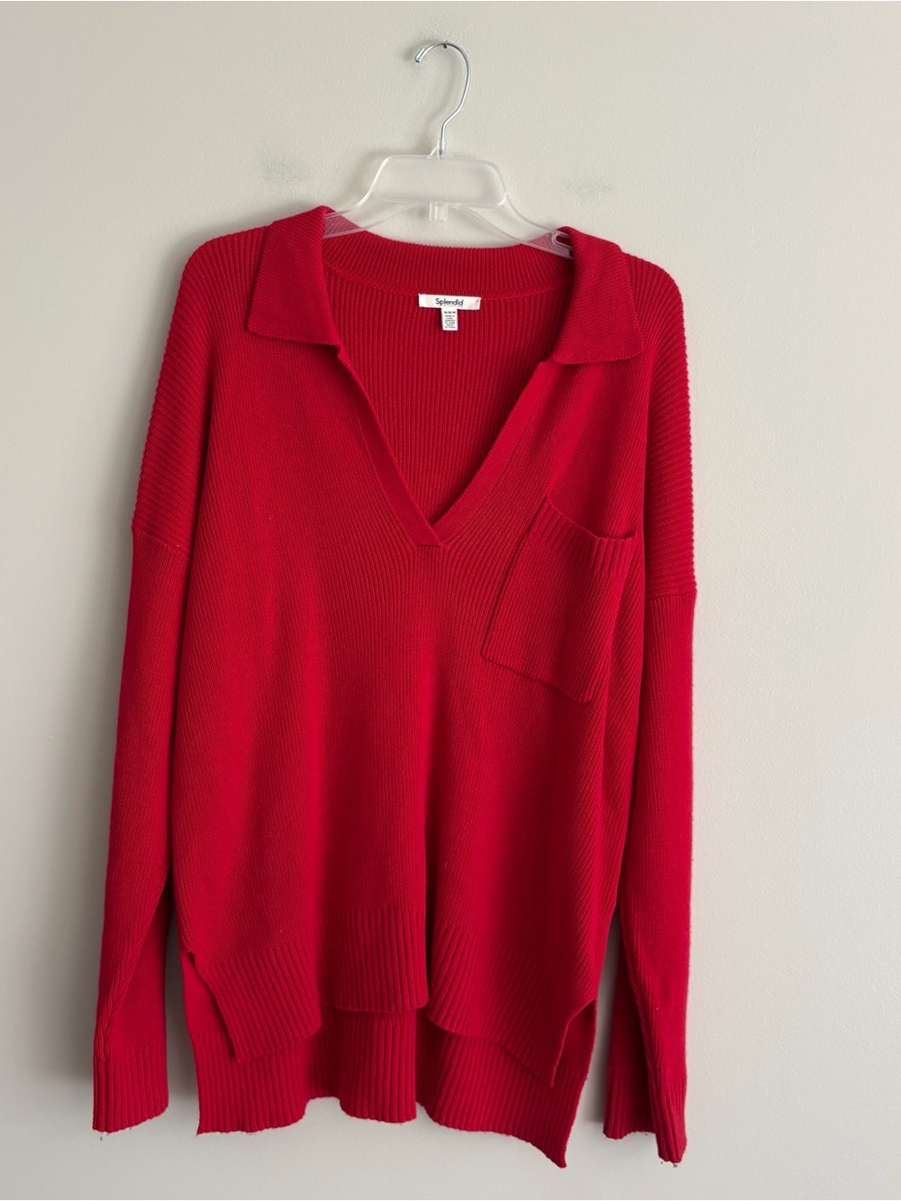 Splendid Bright Red V-Neck Collared Knit Sweater